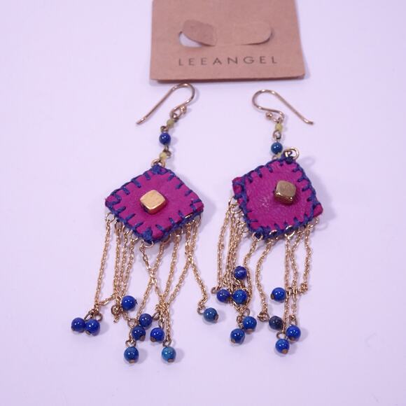 Lee Angel Neiman Marcus Purple Navy Leather Beaded Drape Earrings NWT 168 - Picture 7 of 8